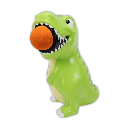 T-Rex Popper green dinosaur toy with orange ball launcher and white teeth