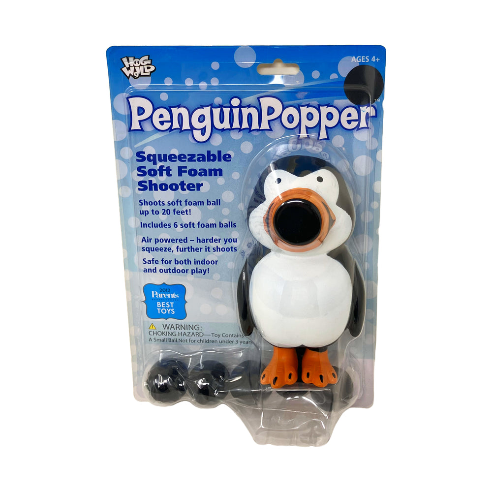Penguin Popper soft foam shooter toy with black, white and orange penguin design