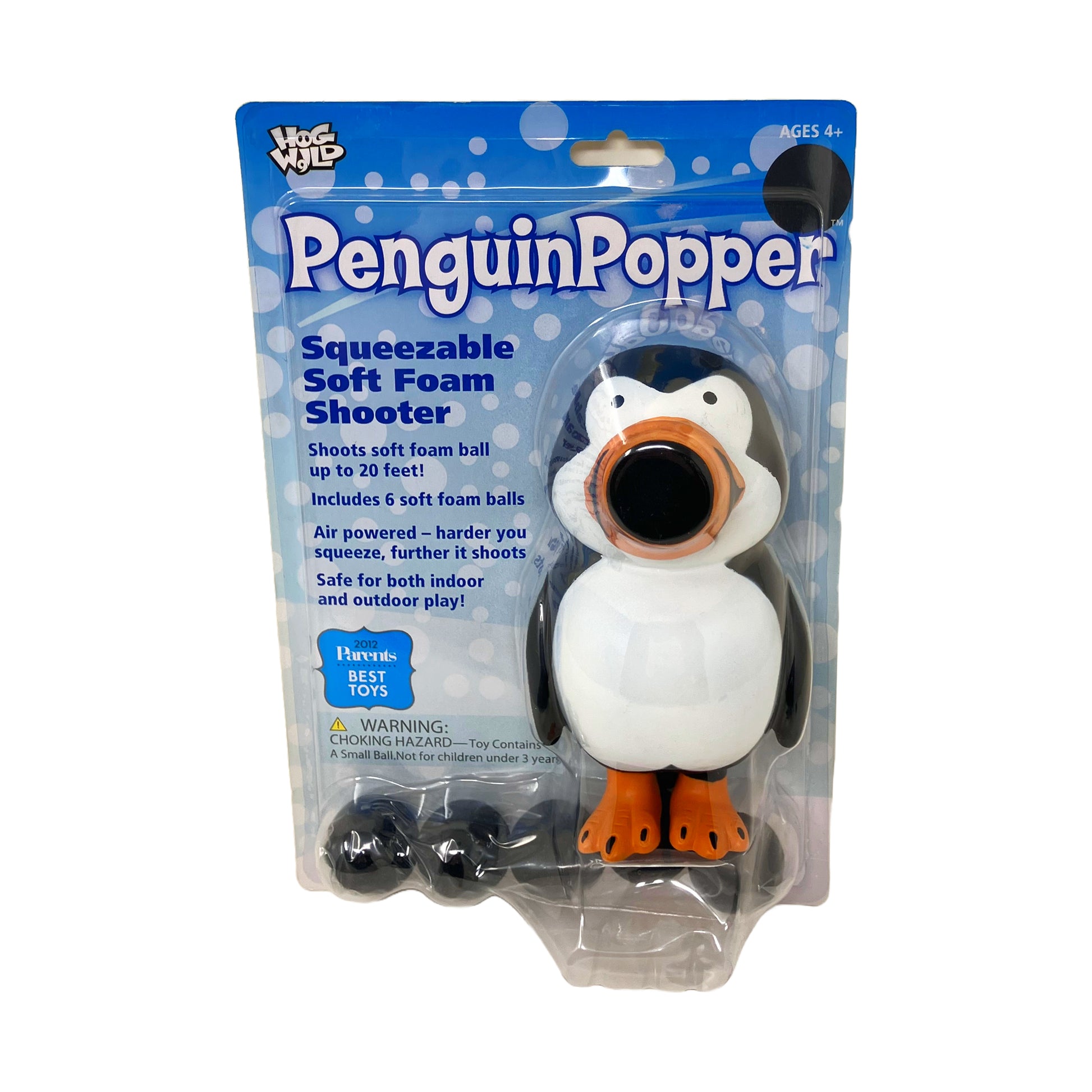 Penguin Popper soft foam shooter toy with black, white and orange penguin design