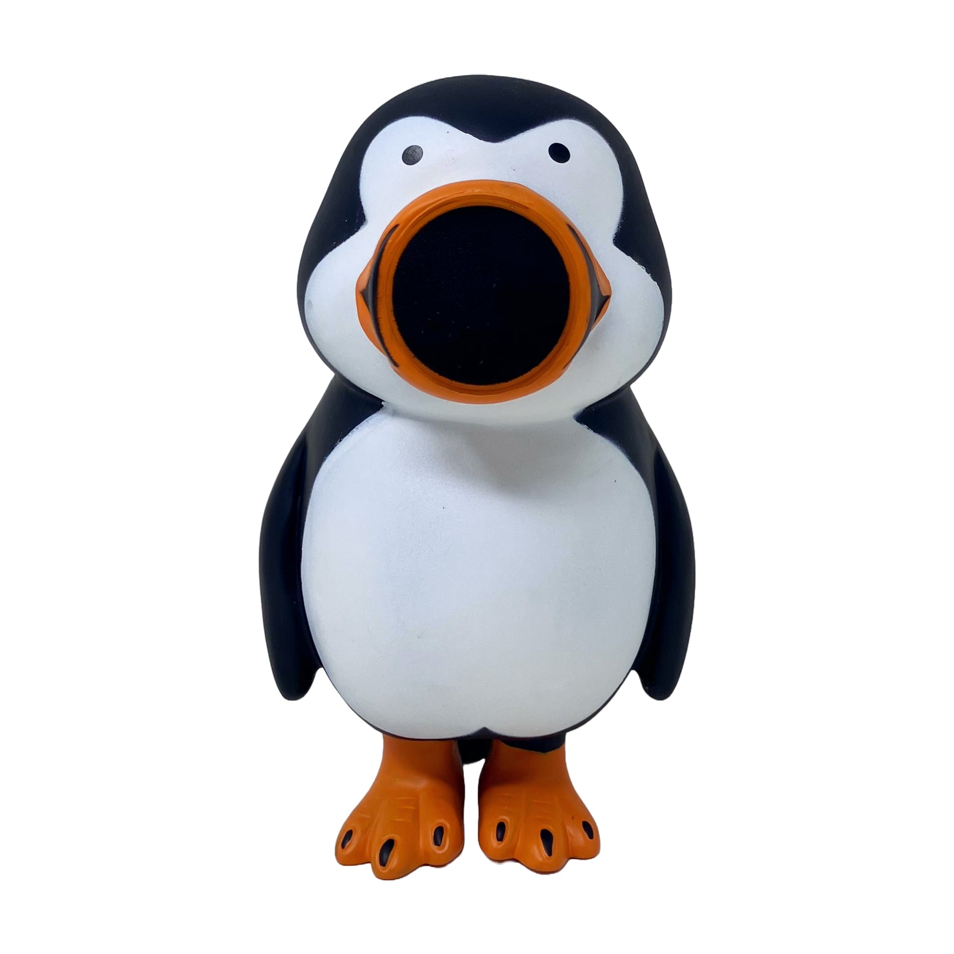 Penguin Popper toy with black and white body, orange beak and feet
