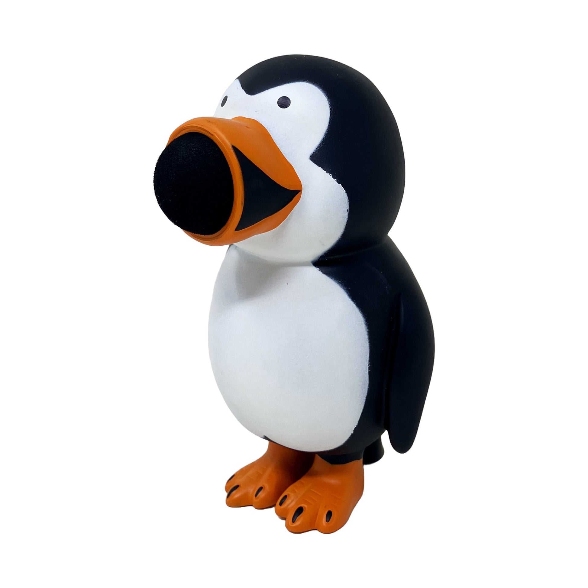 Penguin Popper toy with black and white body, orange beak and feet