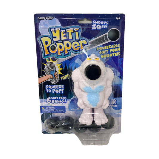 Hog Wild Yeti Popper white and blue plush yeti character with foam ball launcher shooter, shoots up to 20 feet, includes 6 soft foam balls