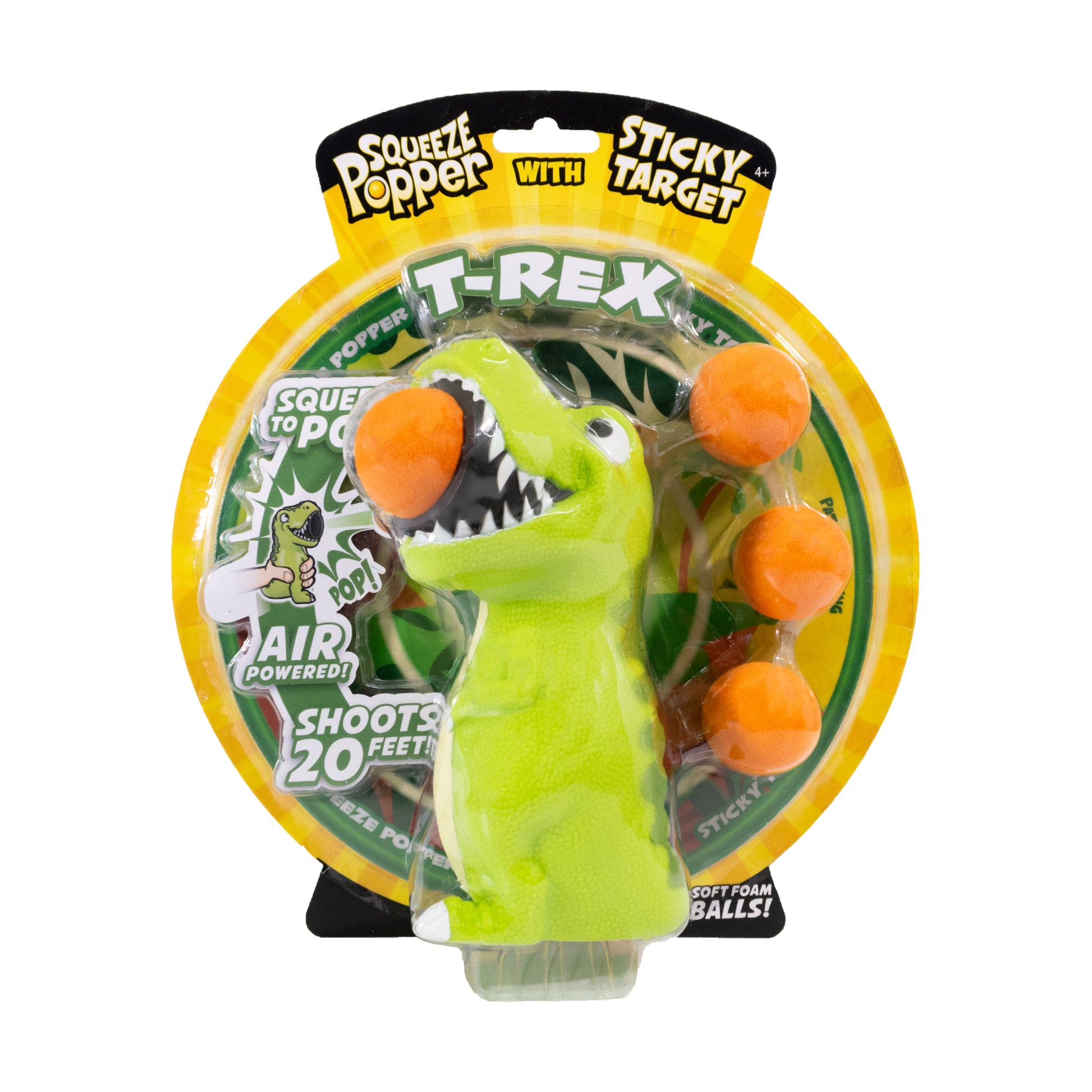 Lime-green T-Rex squeeze popper toy with orange eyes and teeth, includes three orange sticky foam balls, packaged on yellow cardboard backing