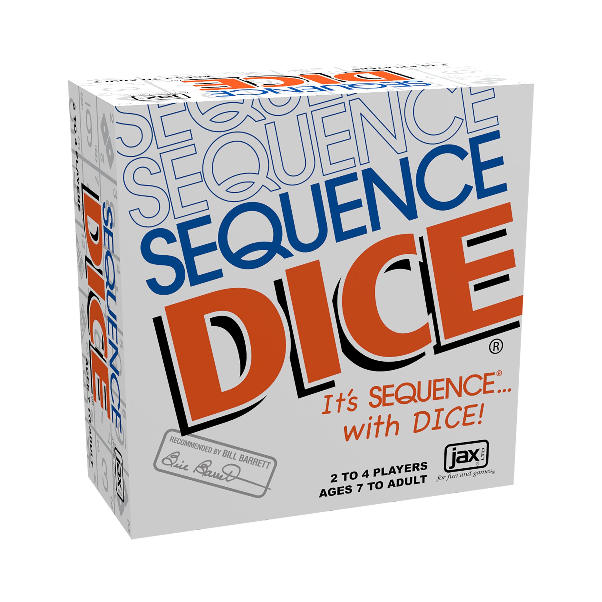 Sequence Dice board game box with white packaging, blue and orange text, for 2 to 4 players ages 7 to adult