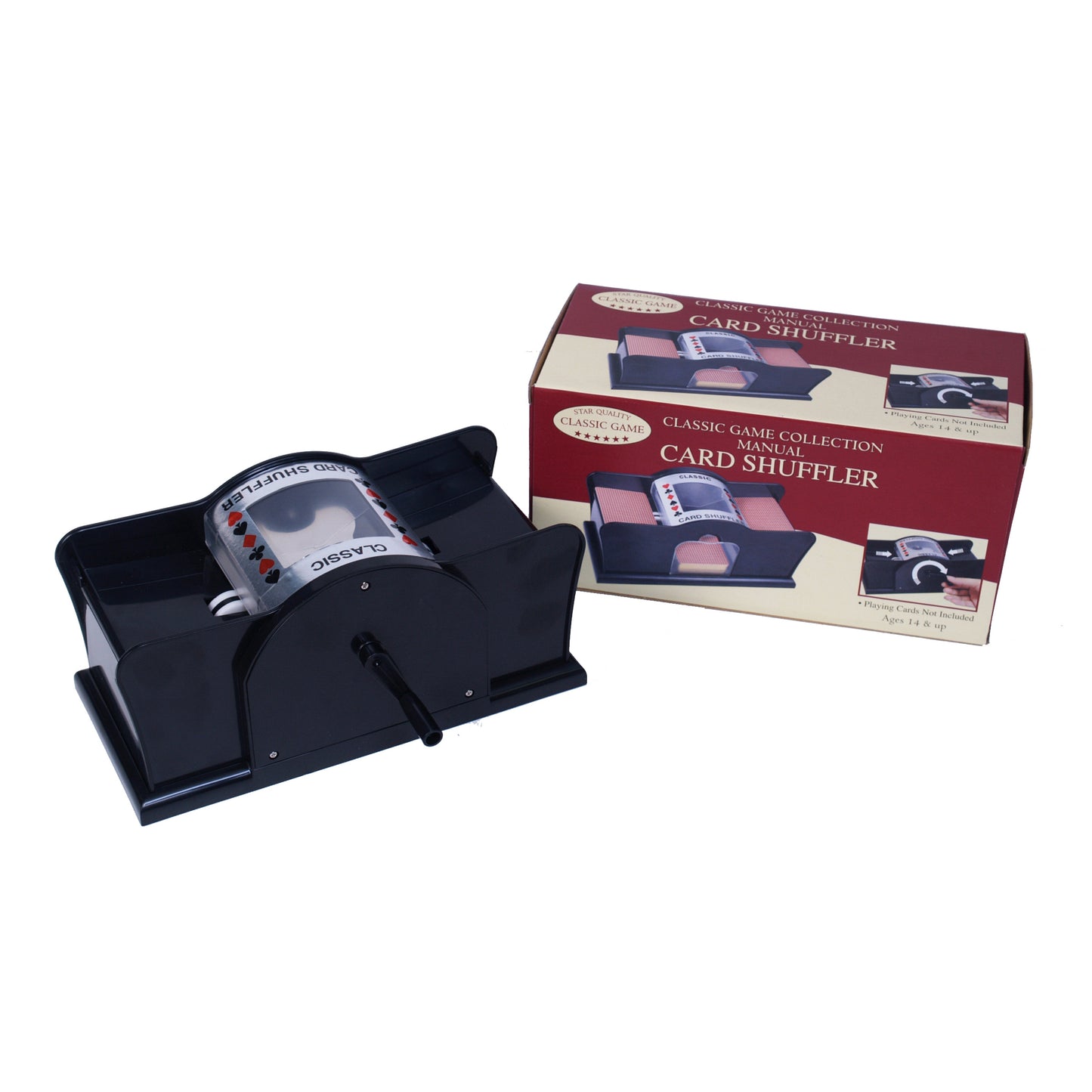 Manual card shuffler with two decks in black plastic with cream and burgundy product box, Classic Game Collection