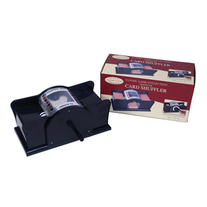 Manual card shuffler with two decks in black plastic with cream and burgundy product box, Classic Game Collection