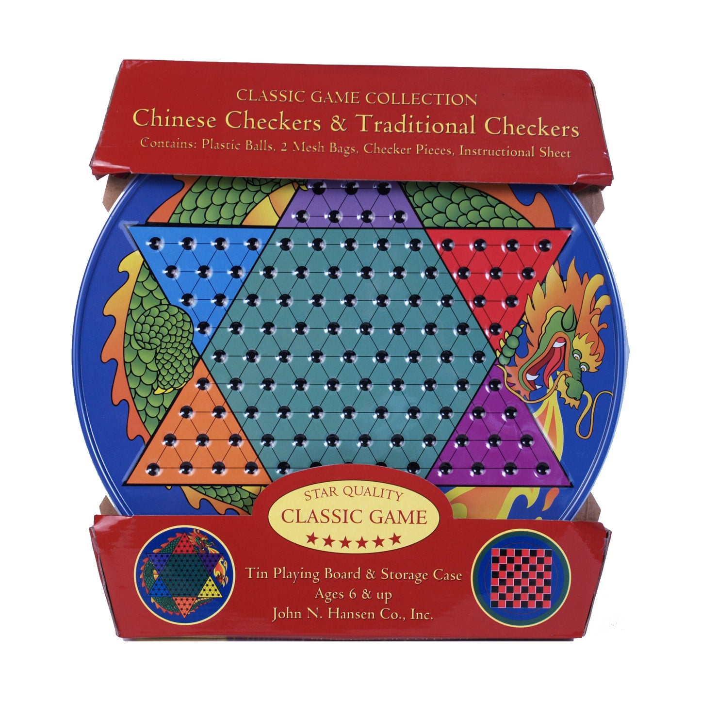 Dragon Duel Chinese Checkers & Traditional Checkers Game tin with colorful hexagonal and triangular playing board, includes plastic balls, mesh bags, and checke