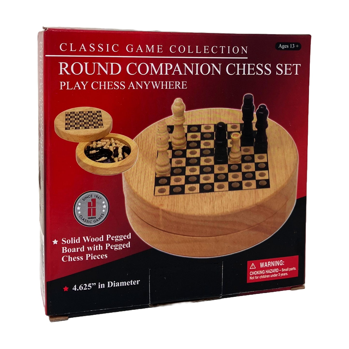 Round Companion Chess Set with solid wood pegged board and pieces, 4.625 inches in diameter, shown with storage compartments and game in play on circular wooden