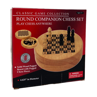Round Companion Chess Set with solid wood pegged board and pieces, 4.625 inches in diameter, shown with storage compartments and game in play on circular wooden
