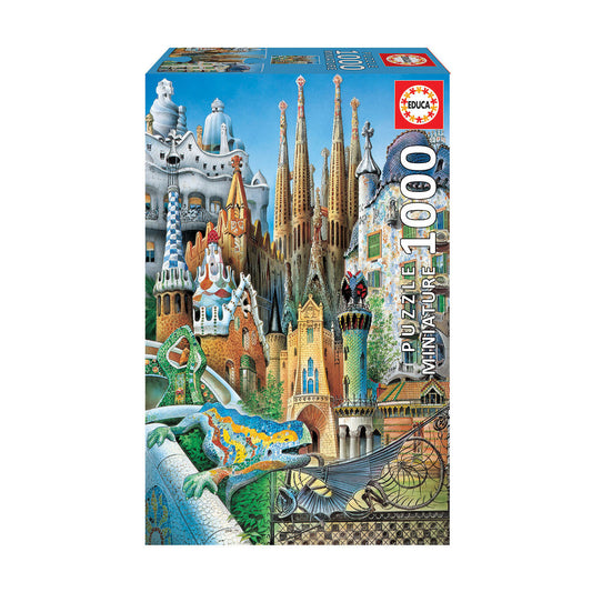Educa Gaudi-Inspired Collage 1000-piece jigsaw puzzle box featuring architectural landmarks including colorful buildings, tall spires, and ornate structures aga