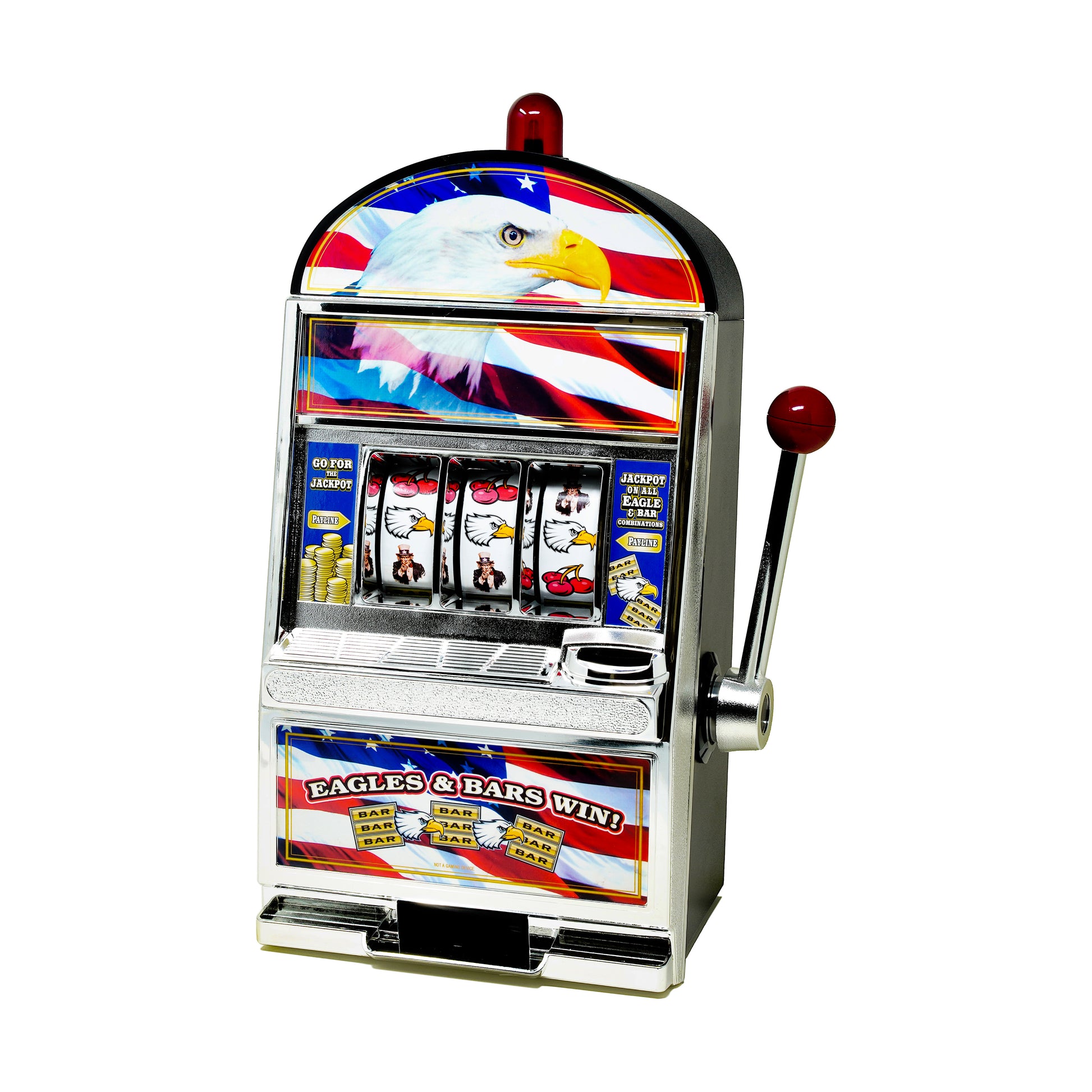 Eagles & Bars slot machine savings bank with red lever, patriotic eagle and flag design, spinning reels, and coin slot