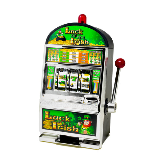 Luck of the Irish slot machine-style savings bank with green and white body, spinning reels, red lever, and leprechaun graphics