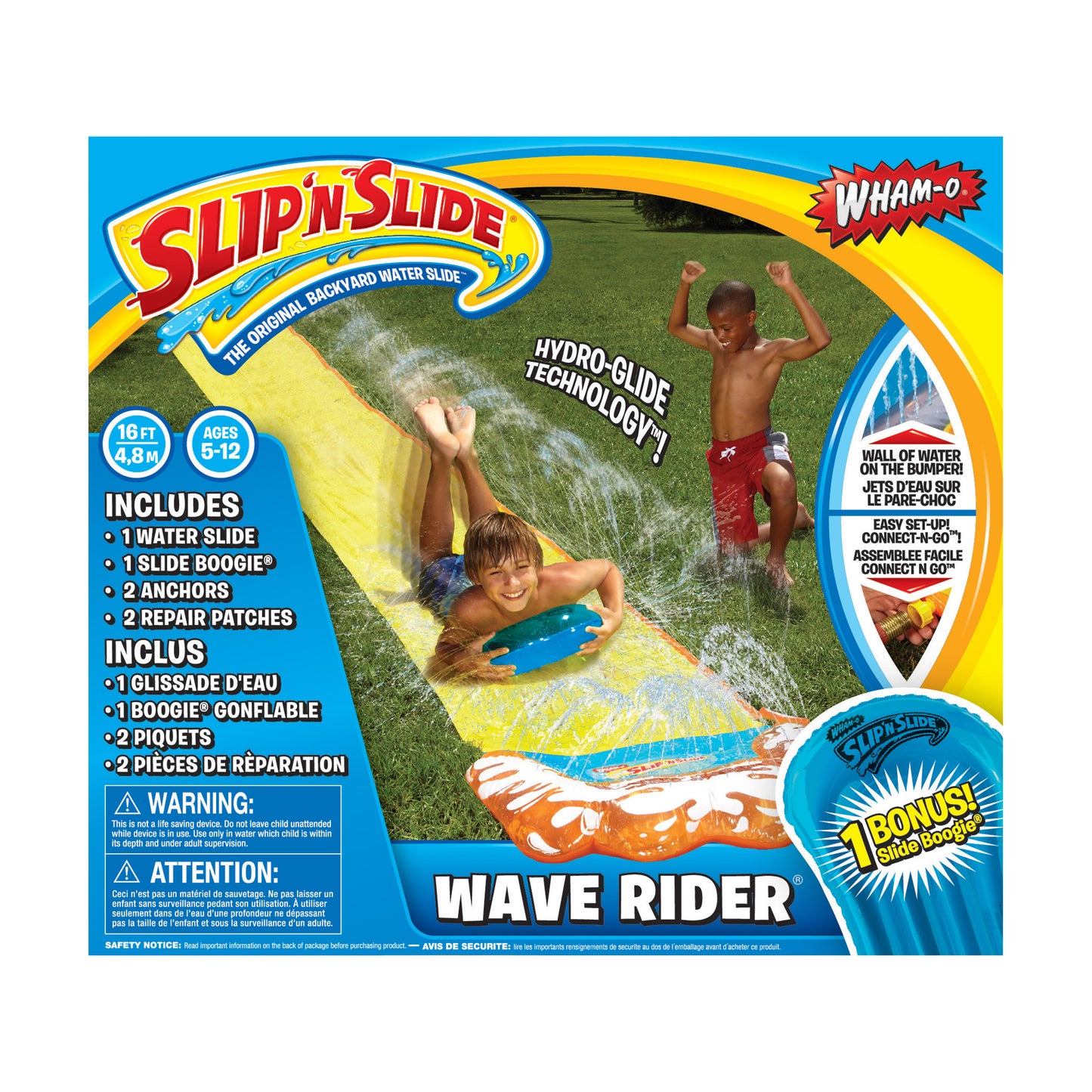 Slip'N Slide Wave Rider water slide package showing children sliding on yellow inflatable mat with water spray, includes slide boogie, anchors, and repair patch