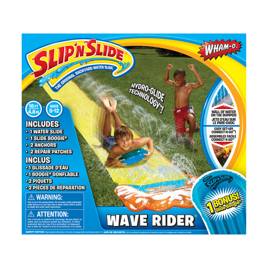 Slip'N Slide Wave Rider water slide package showing children sliding on yellow inflatable mat with water spray, includes slide boogie, anchors, and repair patch