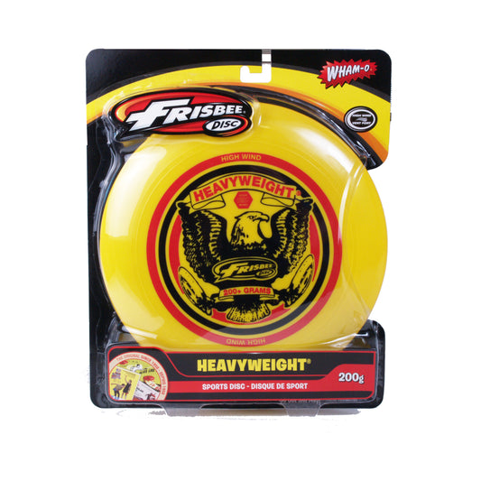 Frisbee Disc Heavyweight yellow flying disc in packaging, 200g, with eagle logo and red accents