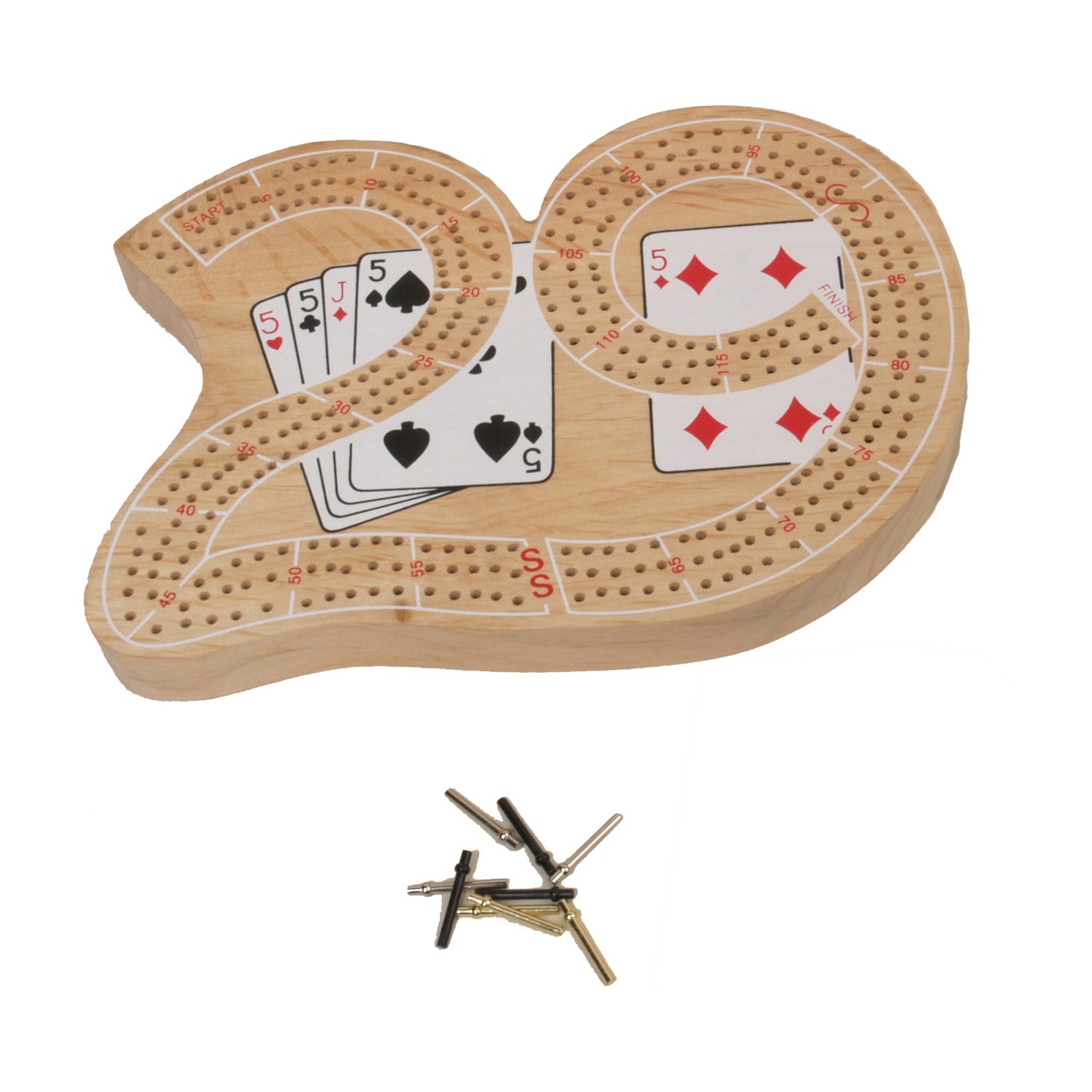 Wooden cribbage board shaped like a fish with pegs and playing cards displayed on the board