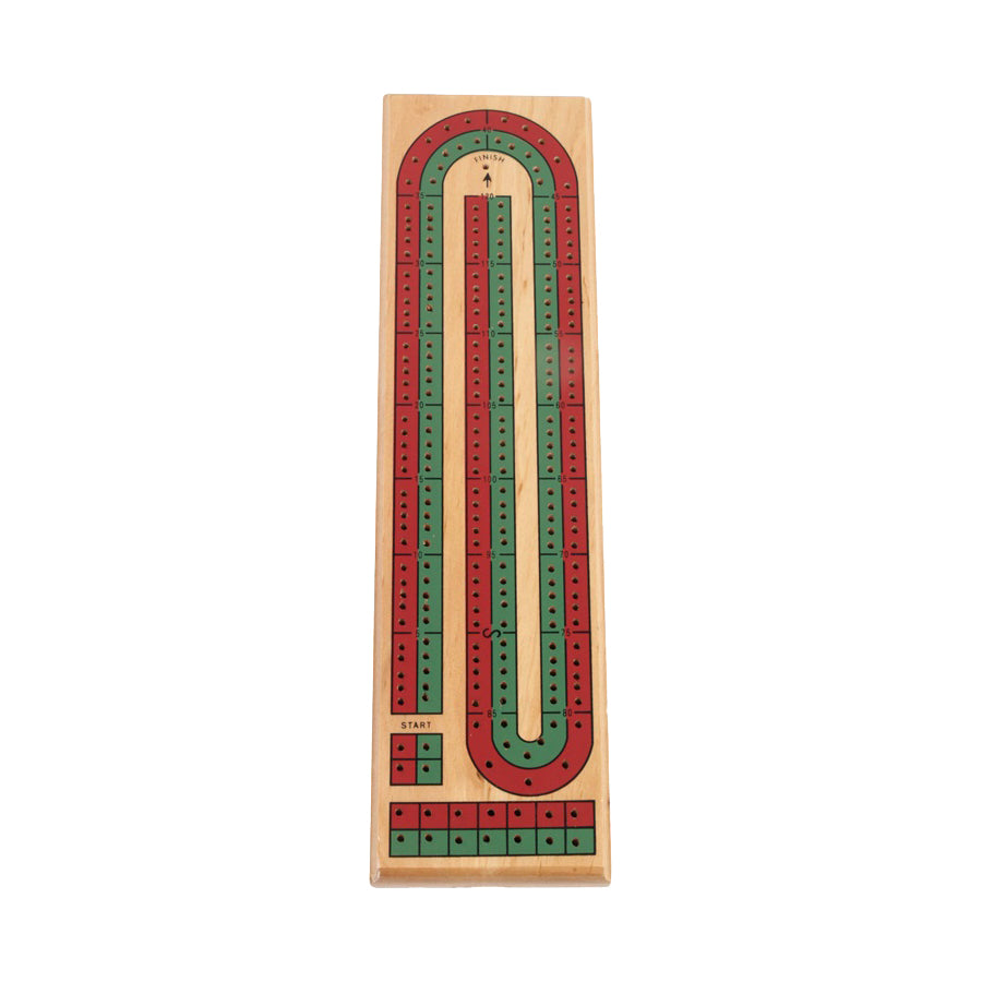Classic wood cribbage board with red and green pegging holes in curved lanes, start position marked at bottom, and wooden pegs