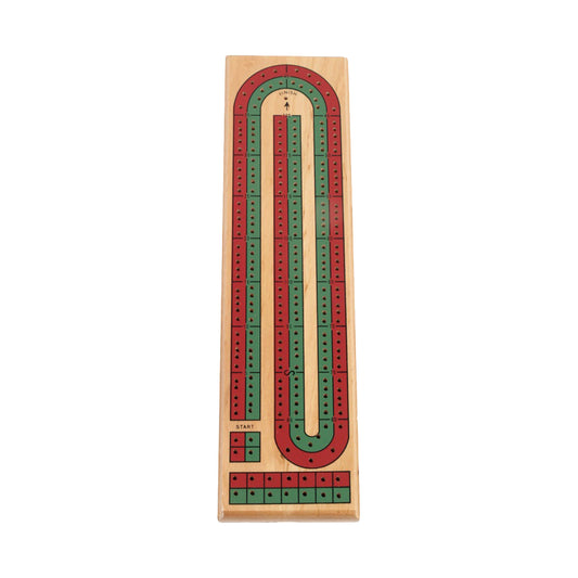 Classic wood cribbage board with red and green pegging holes in curved lanes, start position marked at bottom, and wooden pegs
