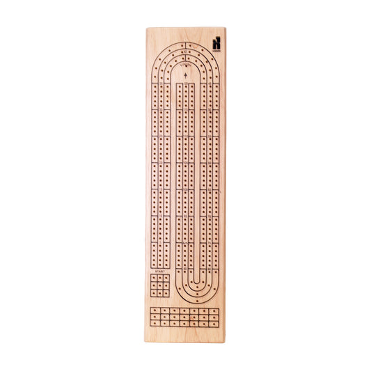 Wooden cribbage board with three parallel tracks of pegged holes, arched design at top, start and finish markers, and scoring sections at bottom