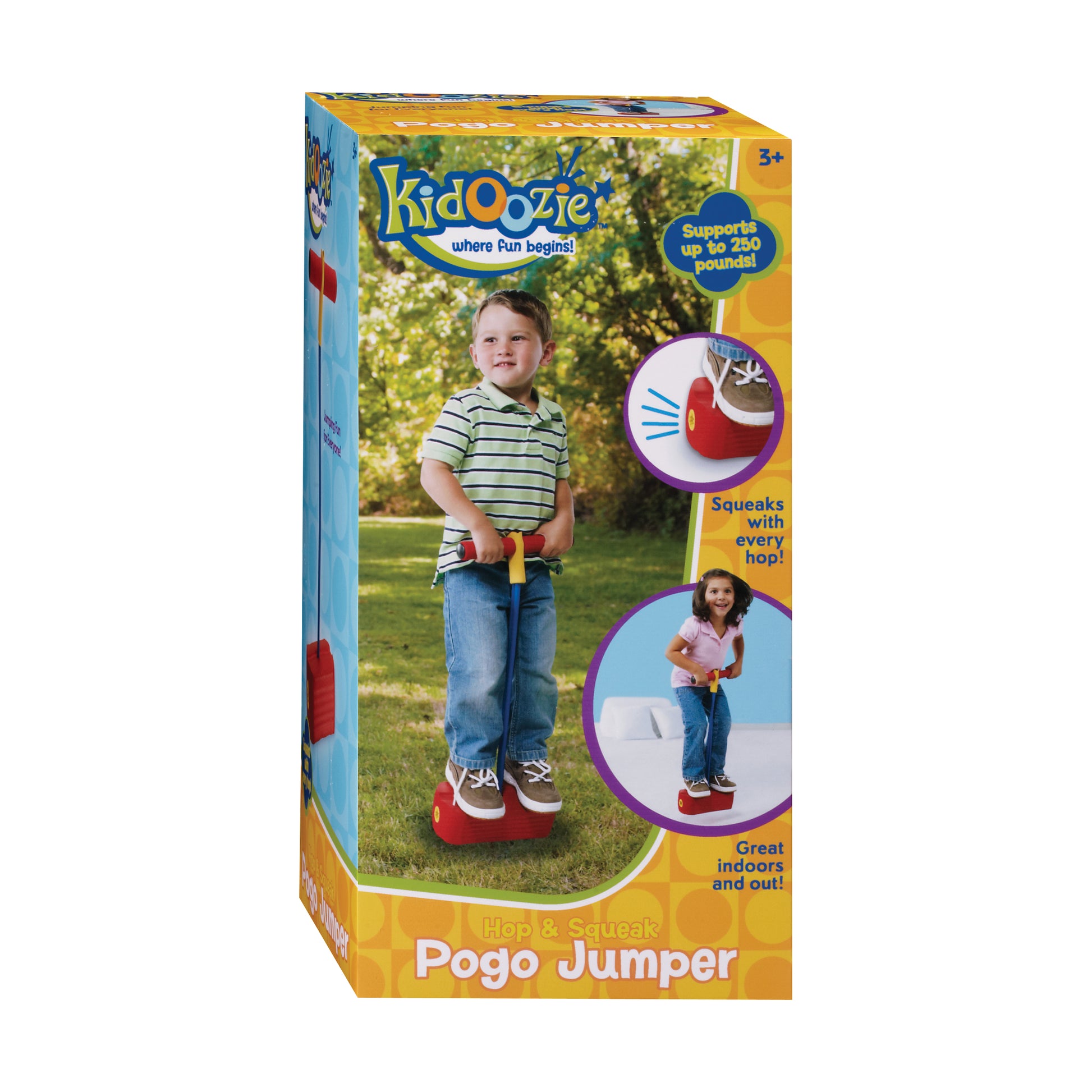 Kidoozie Hop & Squeak Pogo Jumper package showing child on red pogo stick in outdoor setting, with product features highlighted