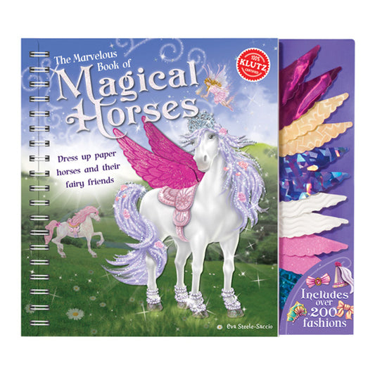 The Marvelous Book of Magical Horses spiral-bound activity book with white winged unicorn, purple mane, and pink wings on cover; right panel shows colorful pape