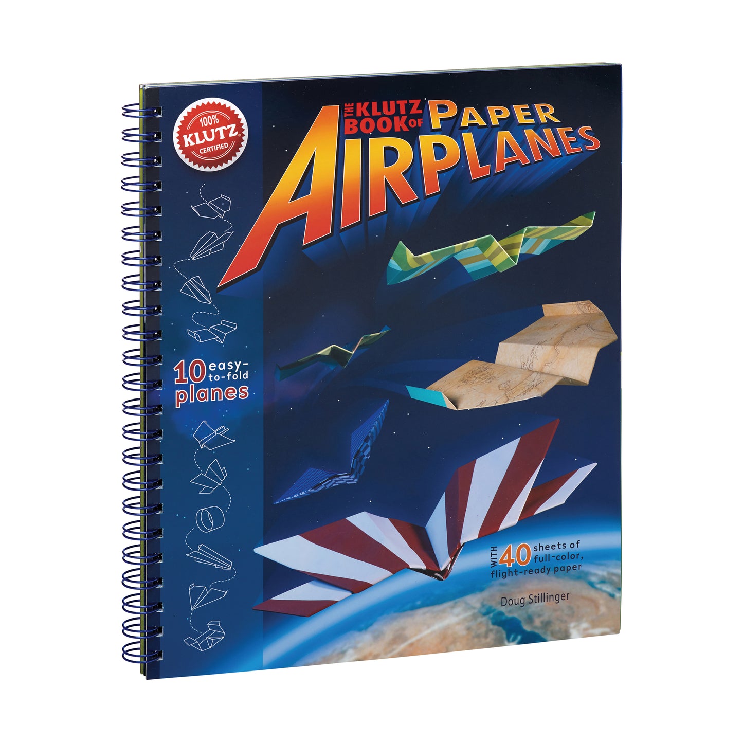 The Klutz Book of Paper Airplanes spiral-bound book with dark blue cover featuring colorful paper airplane designs in flight and 40 sheets of full-color paper i