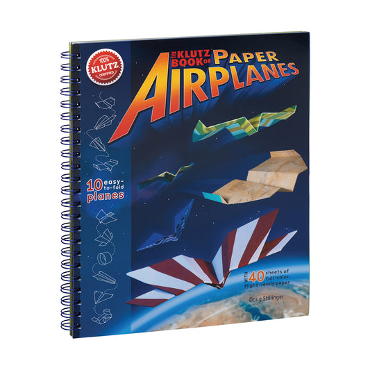 The Klutz Book of Paper Airplanes spiral-bound book with dark blue cover featuring colorful paper airplane designs in flight and 40 sheets of full-color paper i