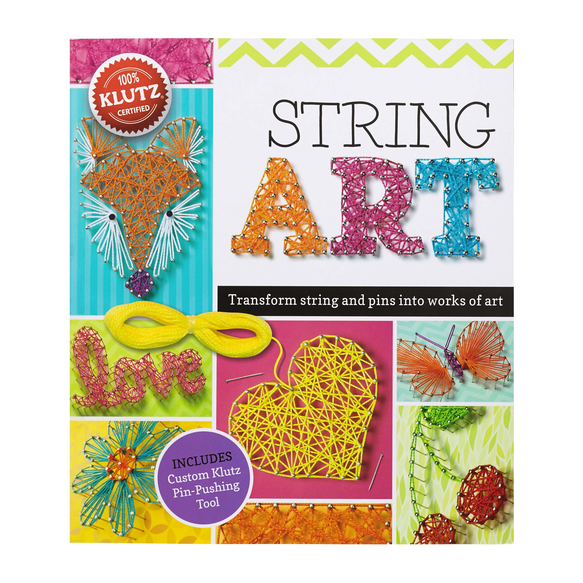 STRING ART package box showing colorful string art projects including letters, flowers, and geometric designs with Klutz Certified seal and Custom Pin-Pushing T