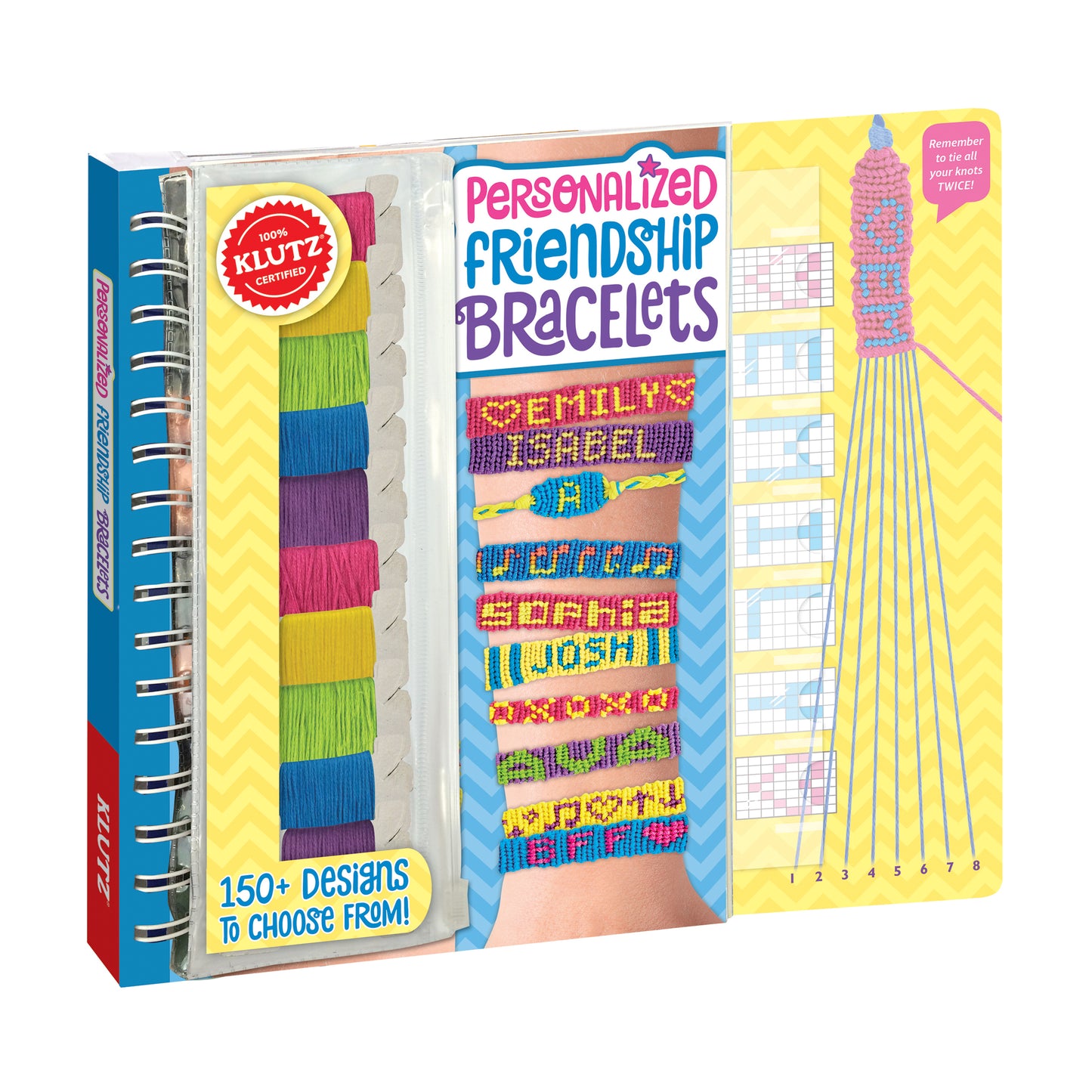 Klutz Personalized Friendship Bracelet Maker Kit box with colorful embroidery floss strands, beaded sample bracelets, instruction card, and pattern guide showin