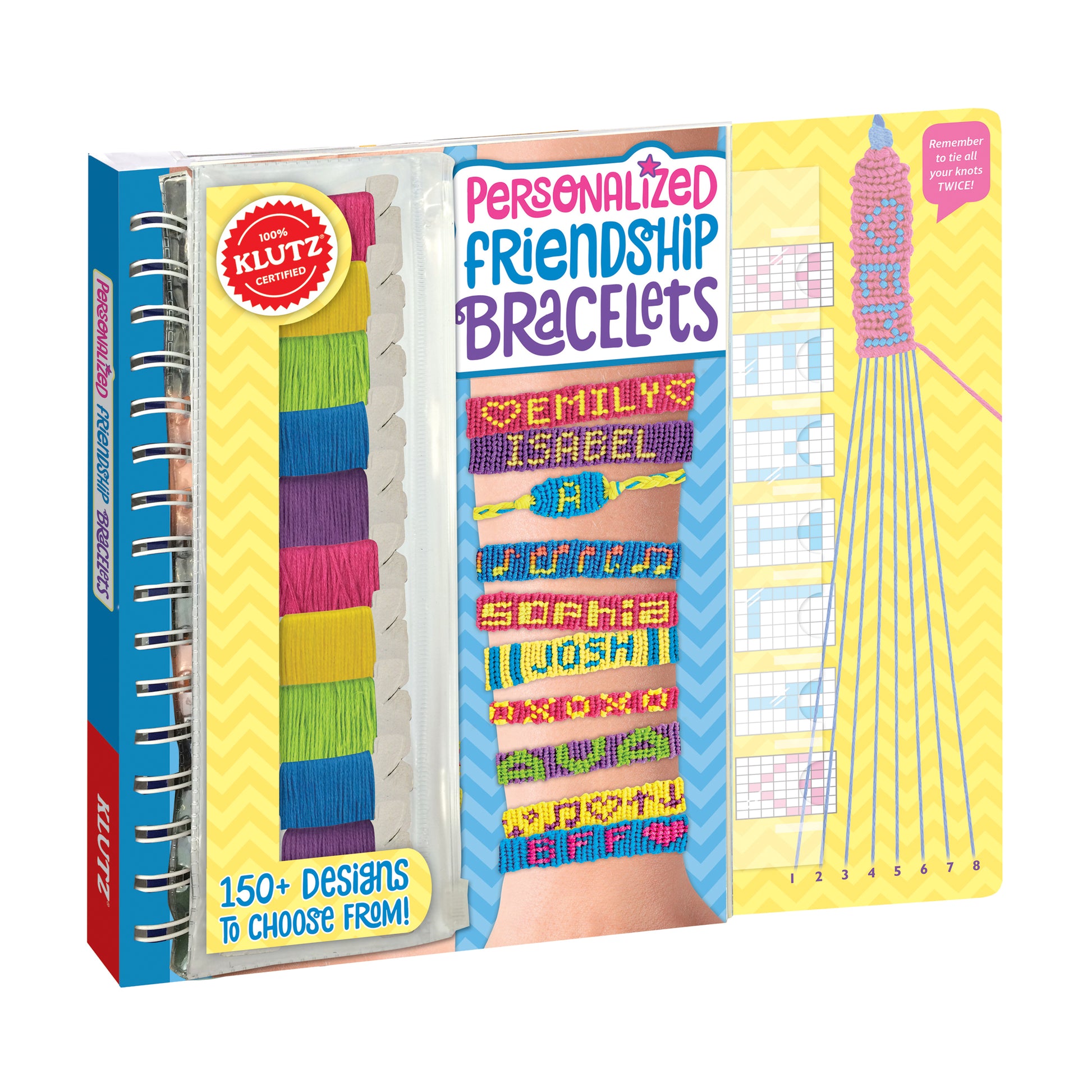 Klutz Personalized Friendship Bracelet Maker Kit box with colorful embroidery floss strands, beaded sample bracelets, instruction card, and pattern guide showin