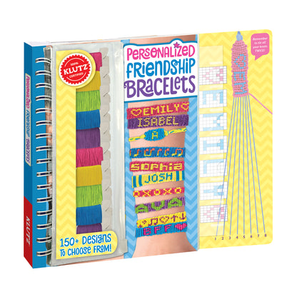 Klutz Personalized Friendship Bracelet Maker Kit box with colorful embroidery floss strands, beaded sample bracelets, instruction card, and pattern guide showin