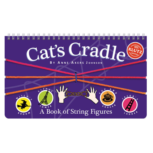 Cat's Cradle: A Book of String Figures by Anne Akers Johnson. Purple spiral-bound instructional book cover with red and orange cords tied across it, showing han