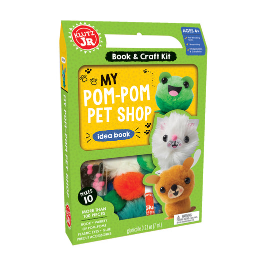 Klutz Jr. My Pom-Pom Pet Shop Book & Craft Kit packaging showing completed pom-pom animal characters including a green frog, white cat, and brown dog on a green