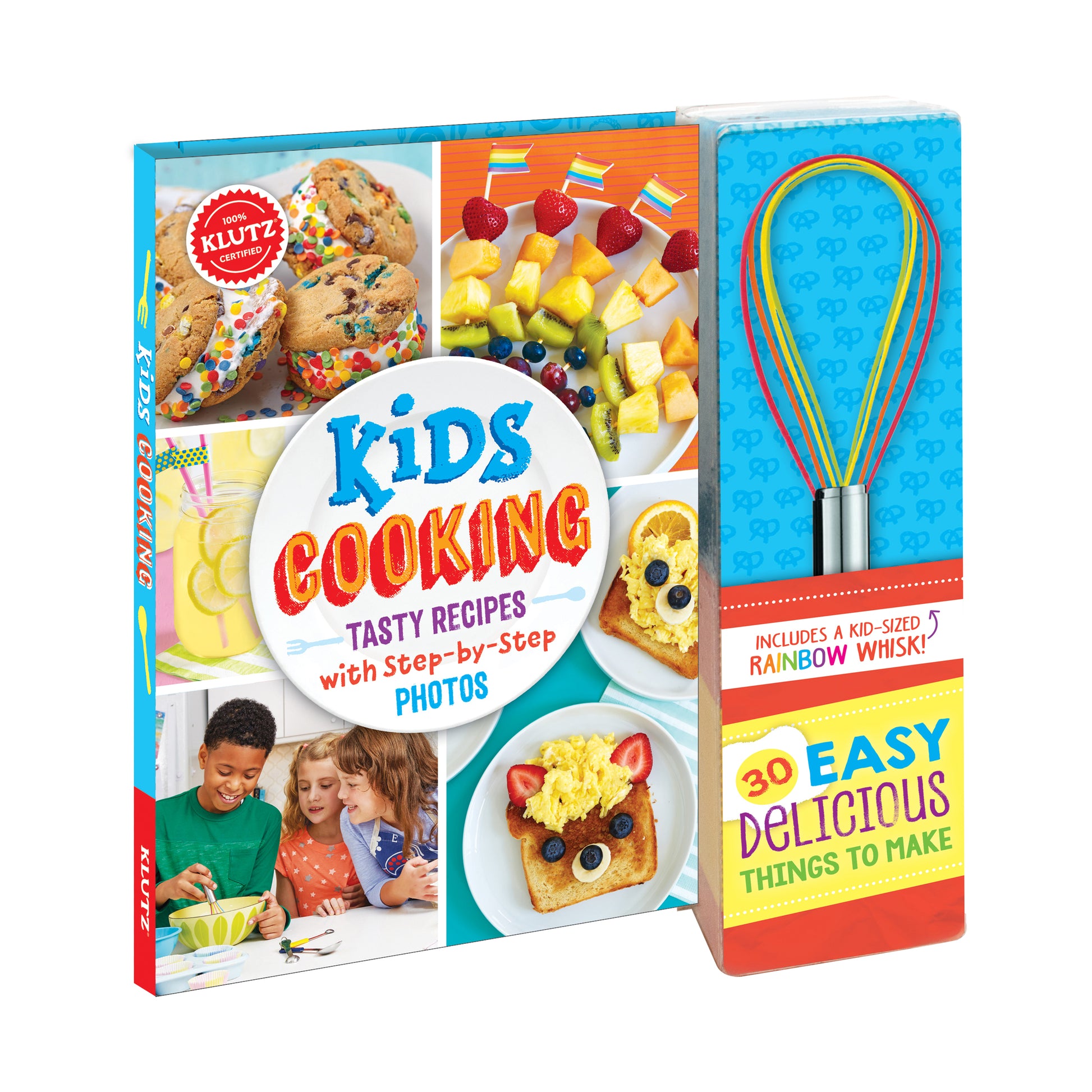 Kids Cooking kit with instruction book featuring recipe photos, colorful food images, and included rainbow whisk toy
