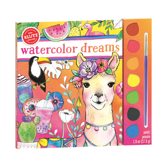 Watercolor Dreams painting kit box featuring a smiling llama with colorful flowers, toucan, cactus, and tropical fruits, with attached watercolor palette and br