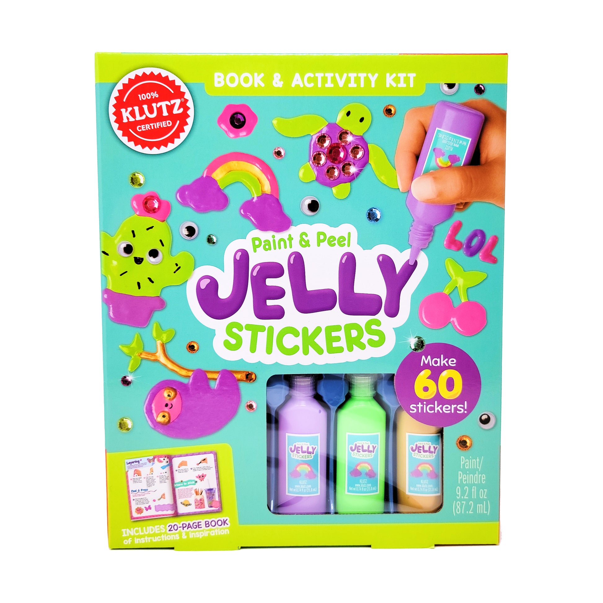 Paint & Peel Jelly Stickers Book & Activity Kit box showing colorful jelly stickers, three paint bottles, and 20-page instruction book. Make 60 stickers. 100% K