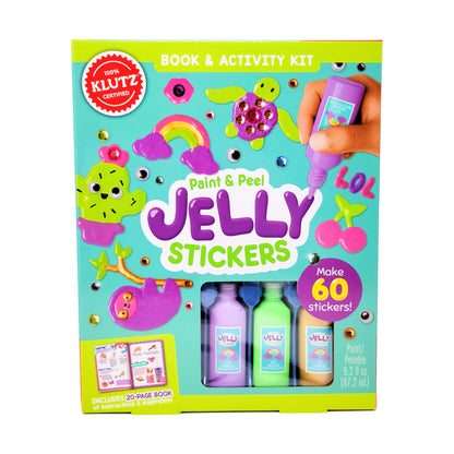 Paint & Peel Jelly Stickers Book & Activity Kit box showing colorful jelly stickers, three paint bottles, and 20-page instruction book. Make 60 stickers. 100% K