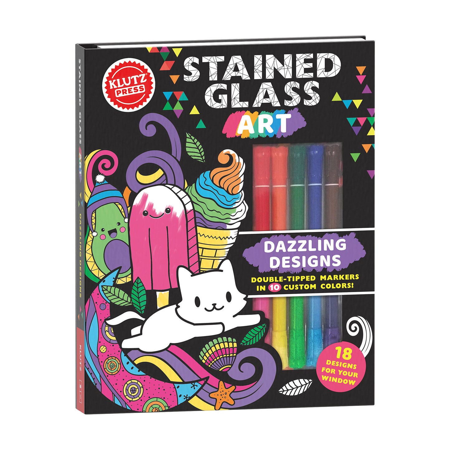 Klutz Stained Glass Art craft kit box featuring colorful illustrated designs with ice cream, popsicle, cat, and decorative elements, includes double-tipped mark