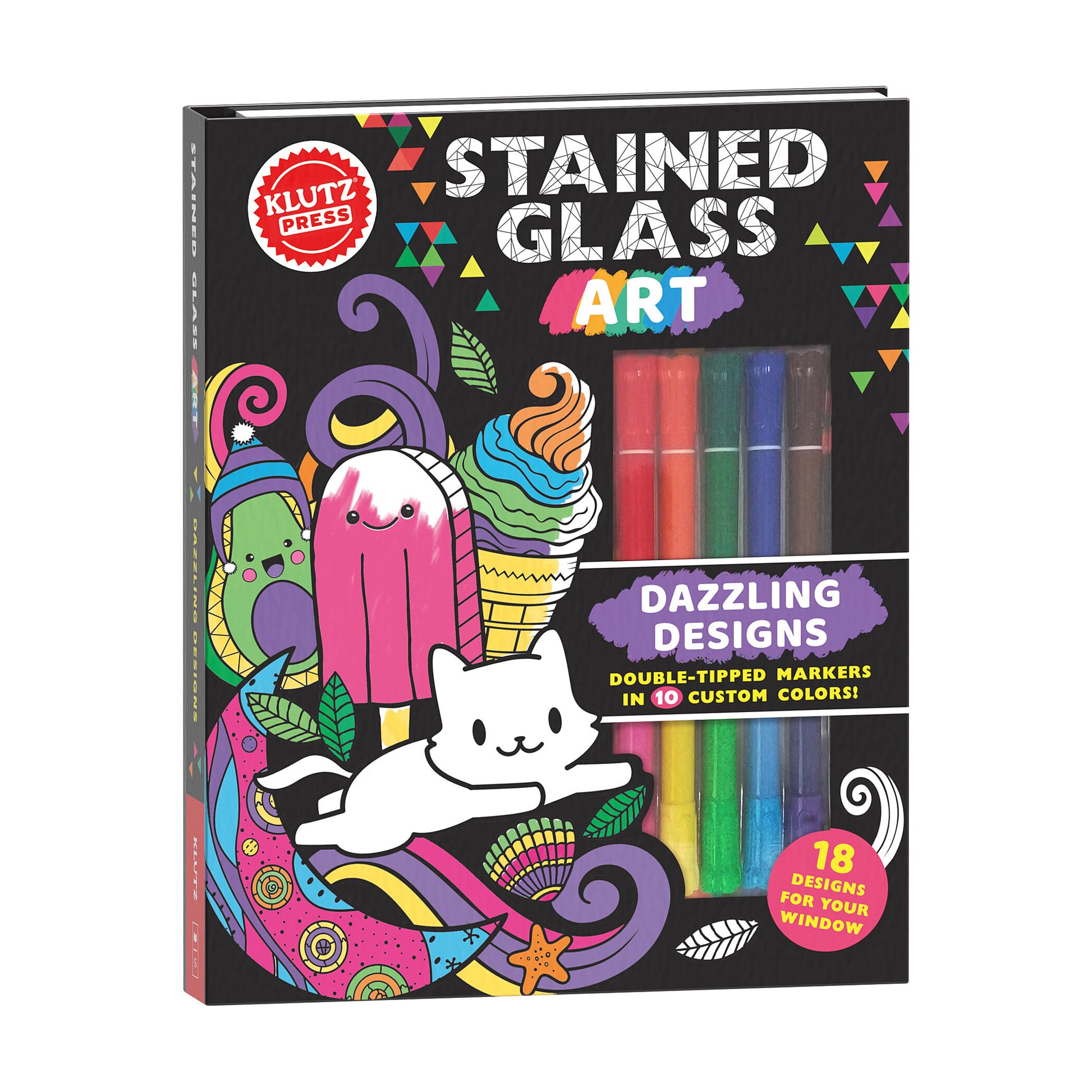 Klutz Stained Glass Art craft kit box featuring colorful illustrated designs with ice cream, popsicle, cat, and decorative elements, includes double-tipped mark