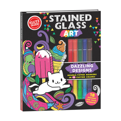 Klutz Stained Glass Art craft kit box featuring colorful illustrated designs with ice cream, popsicle, cat, and decorative elements, includes double-tipped mark