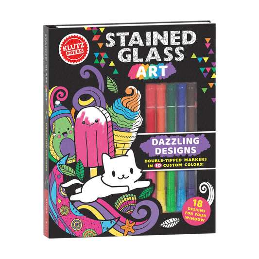 Klutz Stained Glass Art craft kit box featuring colorful illustrated designs with ice cream, popsicle, cat, and decorative elements, includes double-tipped mark