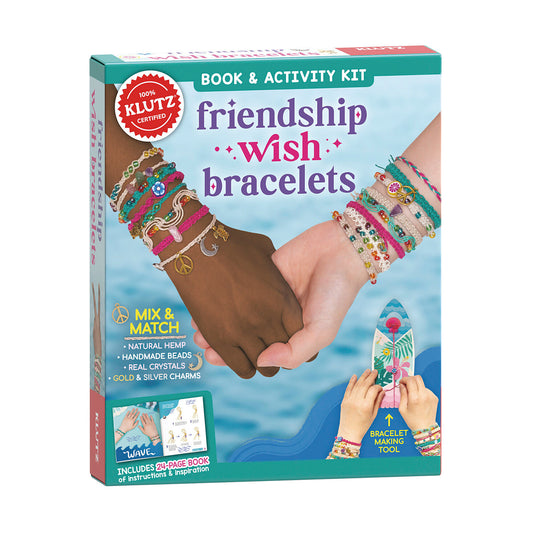 Klutz Friendship Wish Bracelets Book & Activity Kit box showing two children's hands holding colorful beaded bracelets against a blue ocean background, with nat