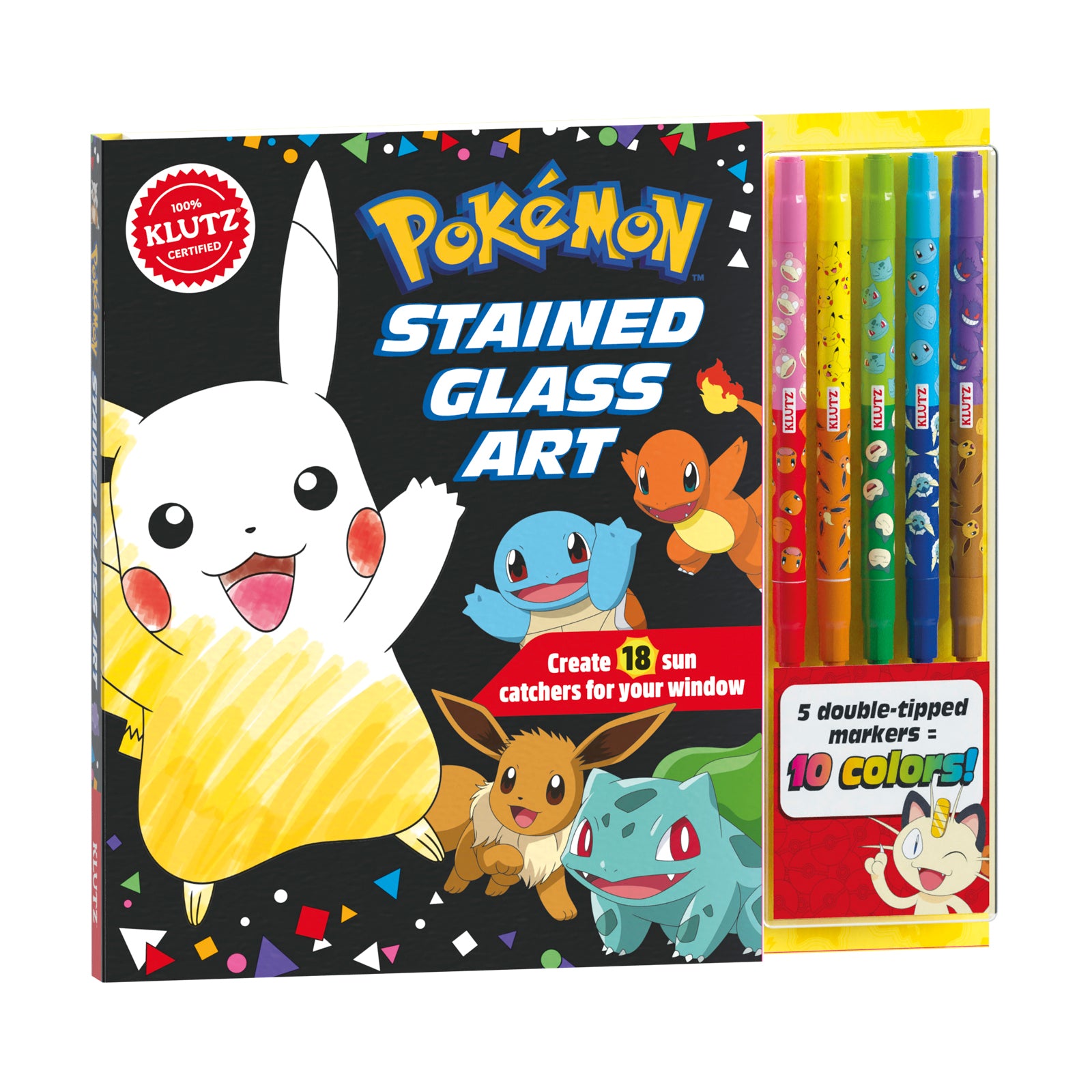 Pokemon Stained Glass Art coloring kit featuring Pikachu, Charmander, Squirtle, and Bulbasaur on black packaging, includes 5 double-tipped markers with 10 color