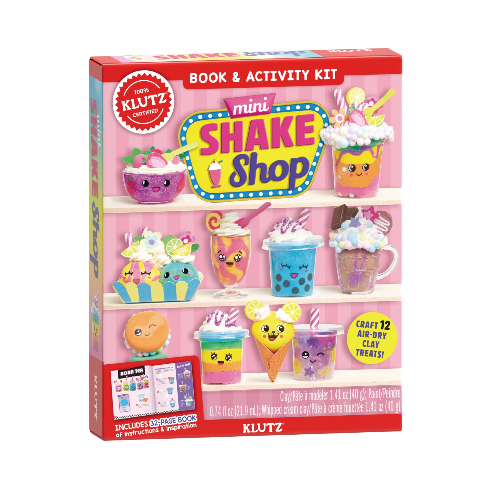 Mini Shake Shop Book & Activity Kit with clay craft supplies and 12 air-dry clay treats to mold, including ice cream cones, milkshakes, and dessert characters