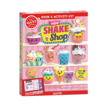 Mini Shake Shop Book & Activity Kit with clay craft supplies and 12 air-dry clay treats to mold, including ice cream cones, milkshakes, and dessert characters