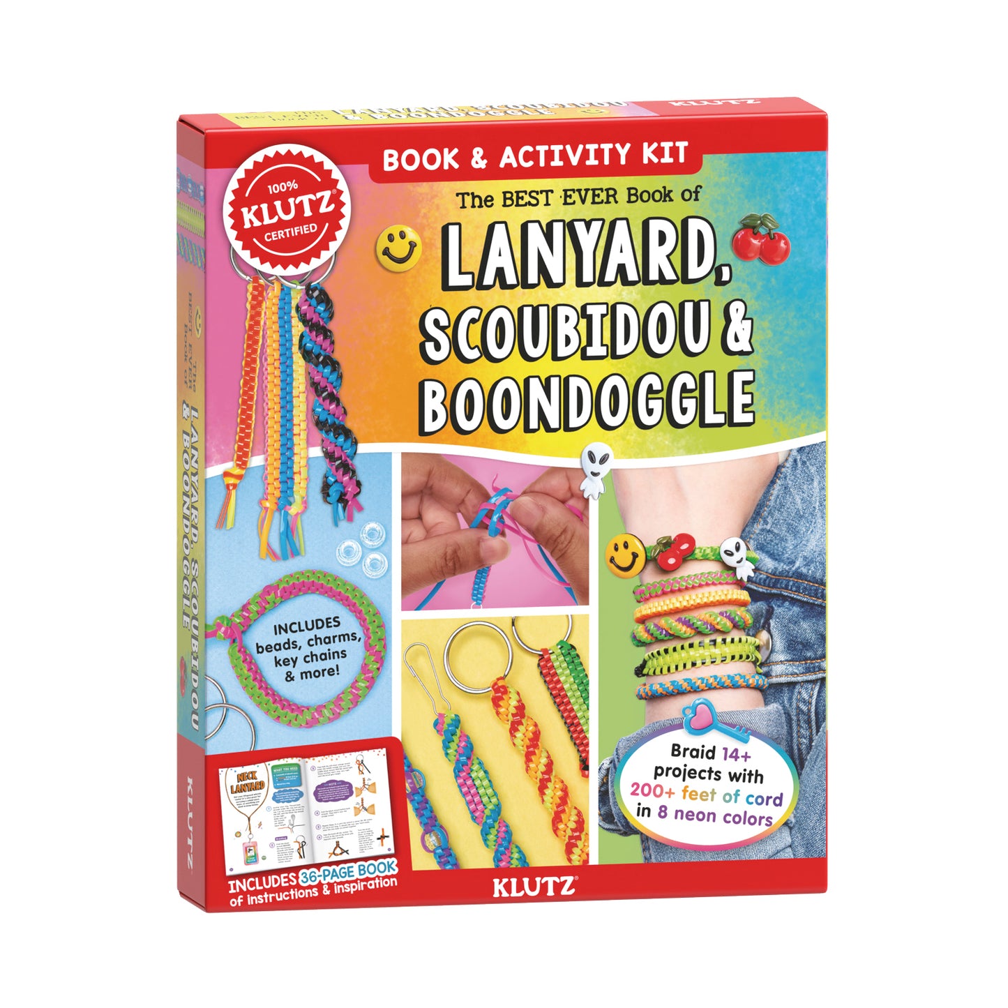 Klutz Best Ever Lanyard, Scoubidou & Boondoggle Book & Activity Kit box showing colorful braided cord projects, beads, and finished bracelets modeled on a child