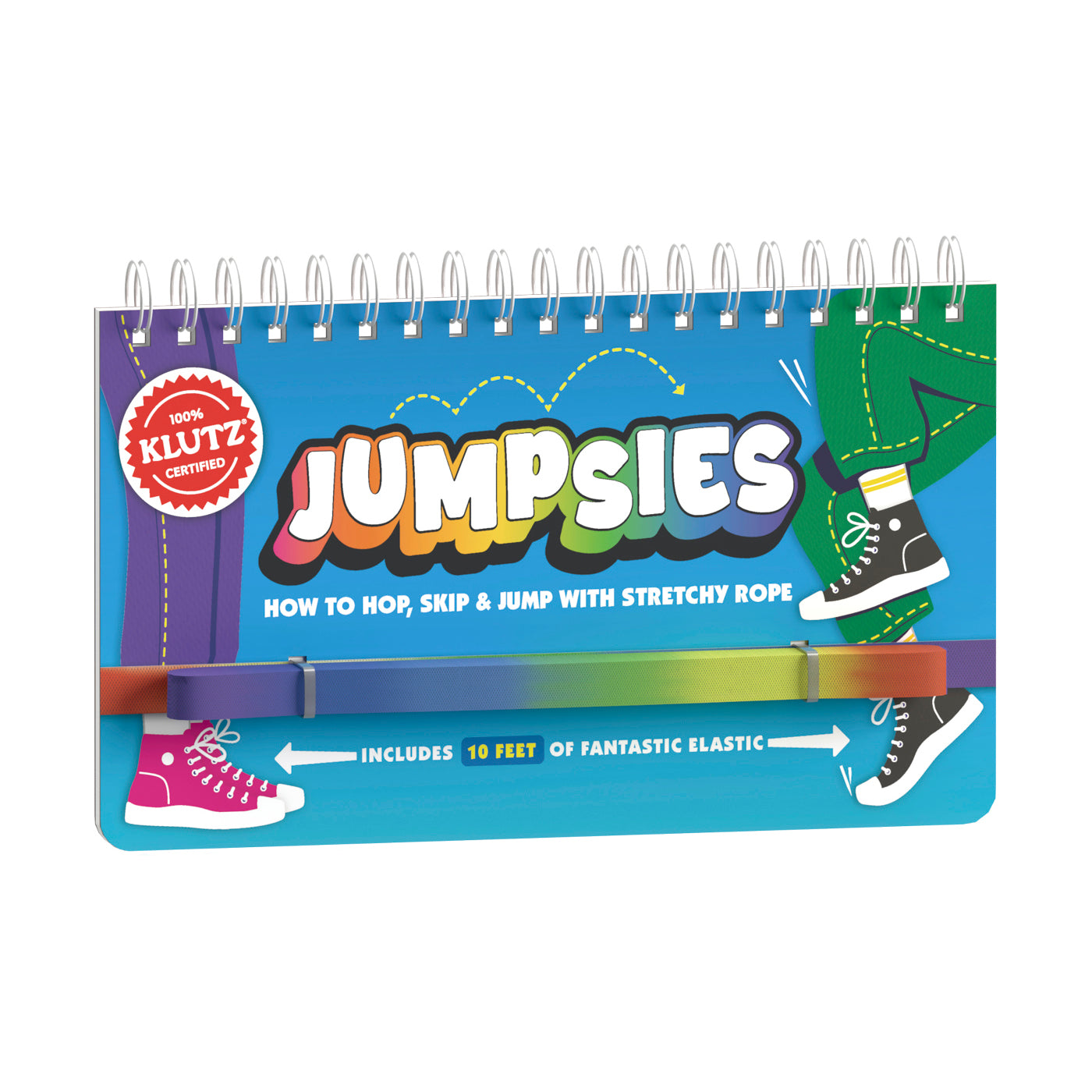 Jumpsies spiral-bound activity book with colorful rainbow gradient elastic rope attached, showing illustrated sneakers and text 'How to Hop, Skip & Jump with St