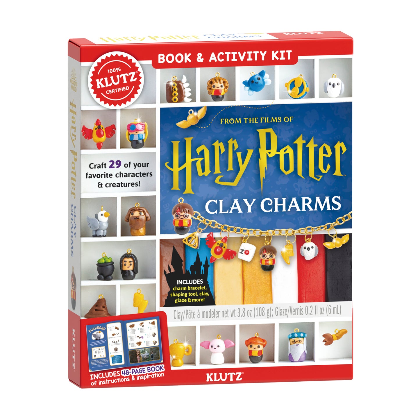Klutz Harry Potter Clay Charms Book & Activity Kit box showing 29 character charms to craft, includes clay, charm bracelet, shaping tool, and 48-page instructio