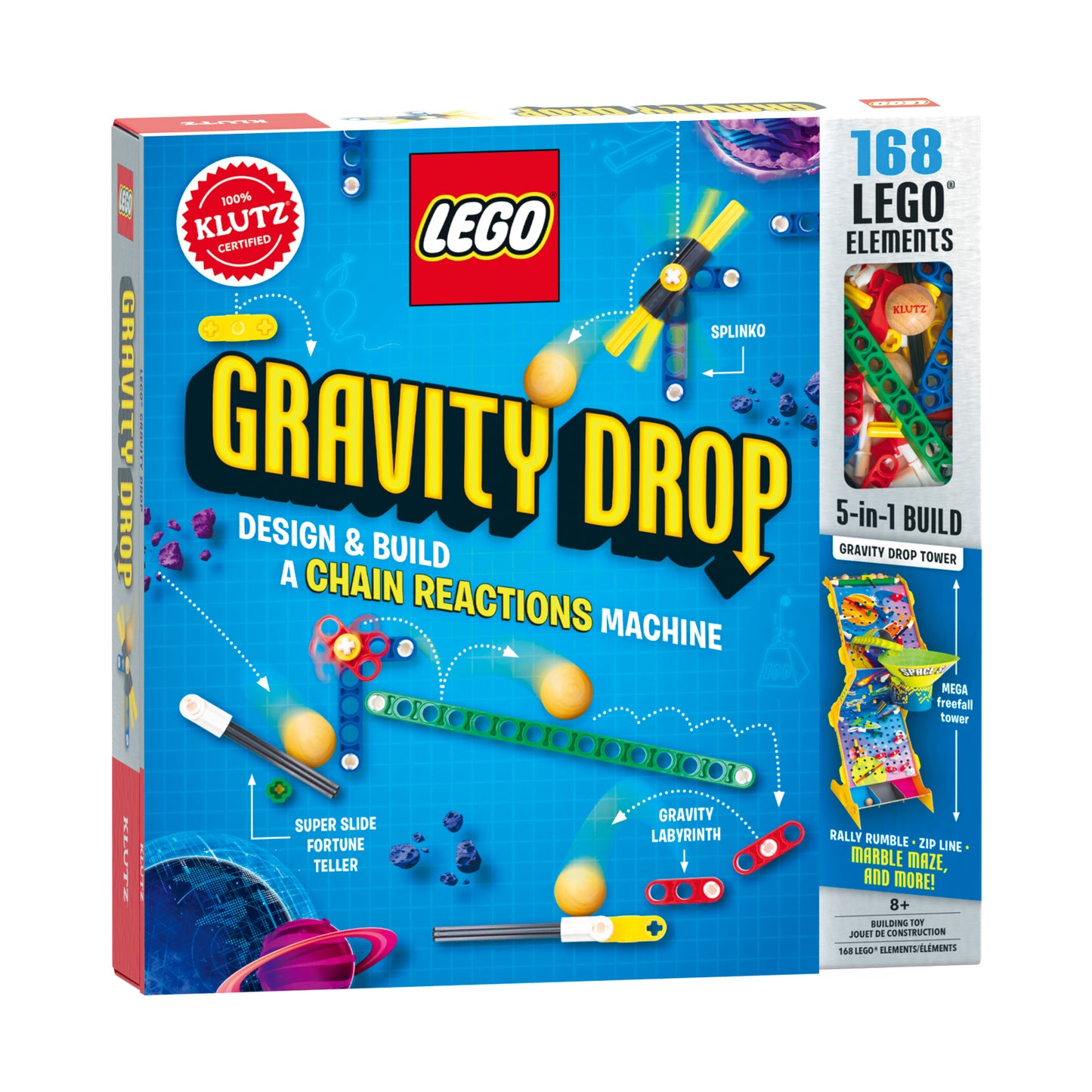 LEGO Gravity Drop building set box showing 168 pieces, 5-in-1 builds including gravity drop tower, mega freefall tower, and marble maze, for ages 8+