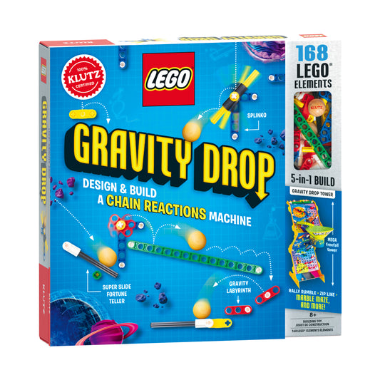LEGO Gravity Drop building set box showing 168 pieces, 5-in-1 builds including gravity drop tower, mega freefall tower, and marble maze, for ages 8+